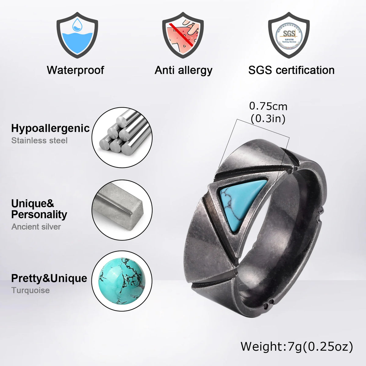 Vnox Retro Stainless Steel Men Ring, Triangle Turquoise Inlay Vintage Band, Hypoallergenic Jewelry