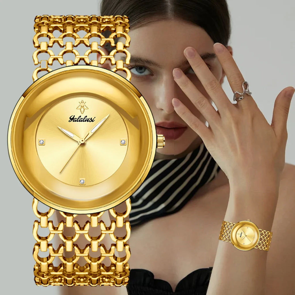 YaLaLuSi Old Money Luxury  Ladies Watch Oversized Curved Round Dial Hollow Fishnet Mesh Chain Bracelet Minimal Crystal Marker Elegant Office Quartz Wristwatch For Women
