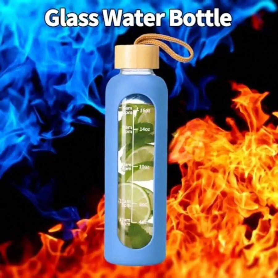 18 OZ Glass Water Bottles With Time Marker For Offices And Gyms Blue Leakproof Glass Bottles With Silicone Sleeves mbzr