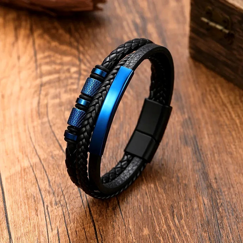 Chunky Leather Bracelets for Men Boys,Multi-layer Bracelets with Stainless Steel Bend Tag,Casual Jewelry Gift to Father Husband