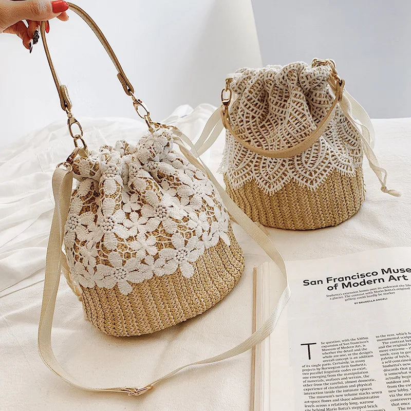 Summer Straw Weave Woven Handbag Women Fashion Bucket Bag Causal Holiday Beach Bag Elegant floral Lace Shoulder Crossbody Bag 2026 mbzr