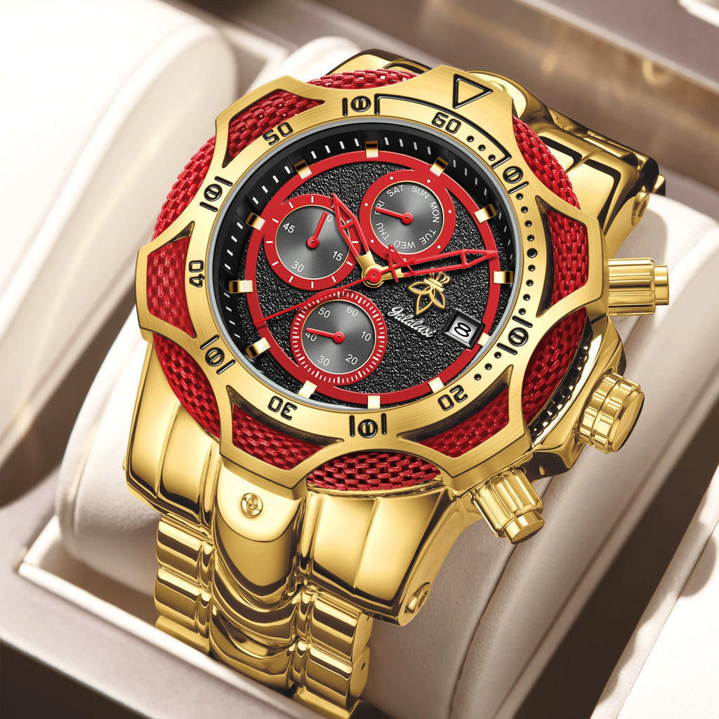 YaLaLuSi Two Tone Gold Red Mens Racing Wristwatch Large Rugged Case Multi-Function Chrono Timer Luminous Indices Polished Metal Band Fashion Quartz Watch For Workout Motorcycle Camping
