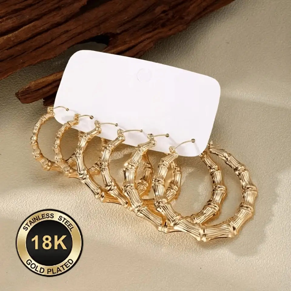 6-Piece 18K Stainless Steel Hypoallergenic Fashion Jewelry Set For Women: Featuring Unique Bamboo Hoop Earrings, This Set Is An Ideal Choice For Both Statement Looks And Everyday Wear. It Is Perfect For Daily Use, Vacations,