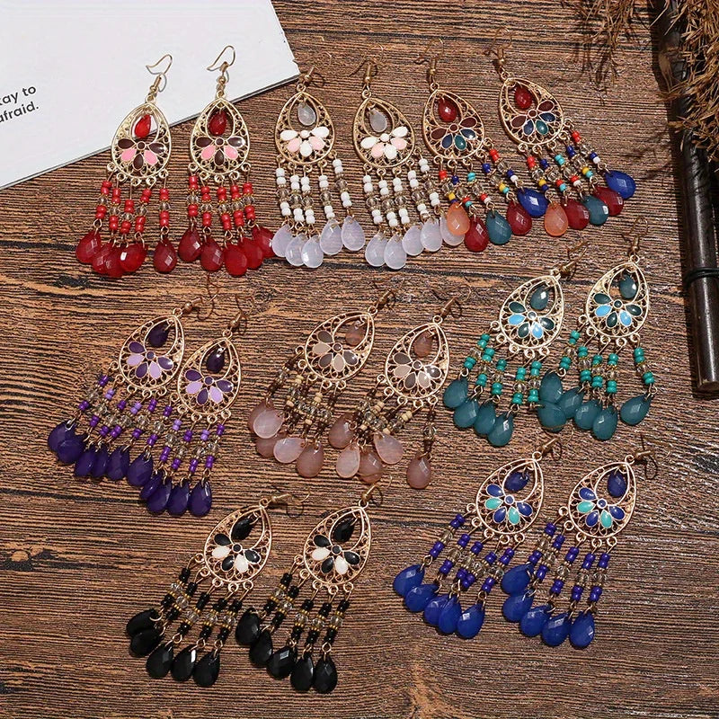 Ethnic style retro water droplet shaped long women's earrings, bohemian style with rice bead decoration fashionable women's earrings, daily wear jewelry accessories for her gift