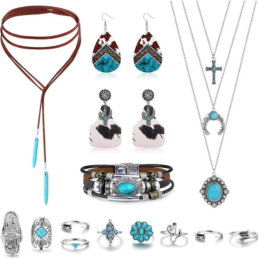 Bohemian Turquoise Jewelry Set Pendant Choker Necklace Faux Leather Cuff Bracelet Hoop Dangle Earrings mbzr