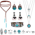 Bohemian Turquoise Jewelry Set Pendant Choker Necklace Faux Leather Cuff Bracelet Hoop Dangle Earrings mbzr
