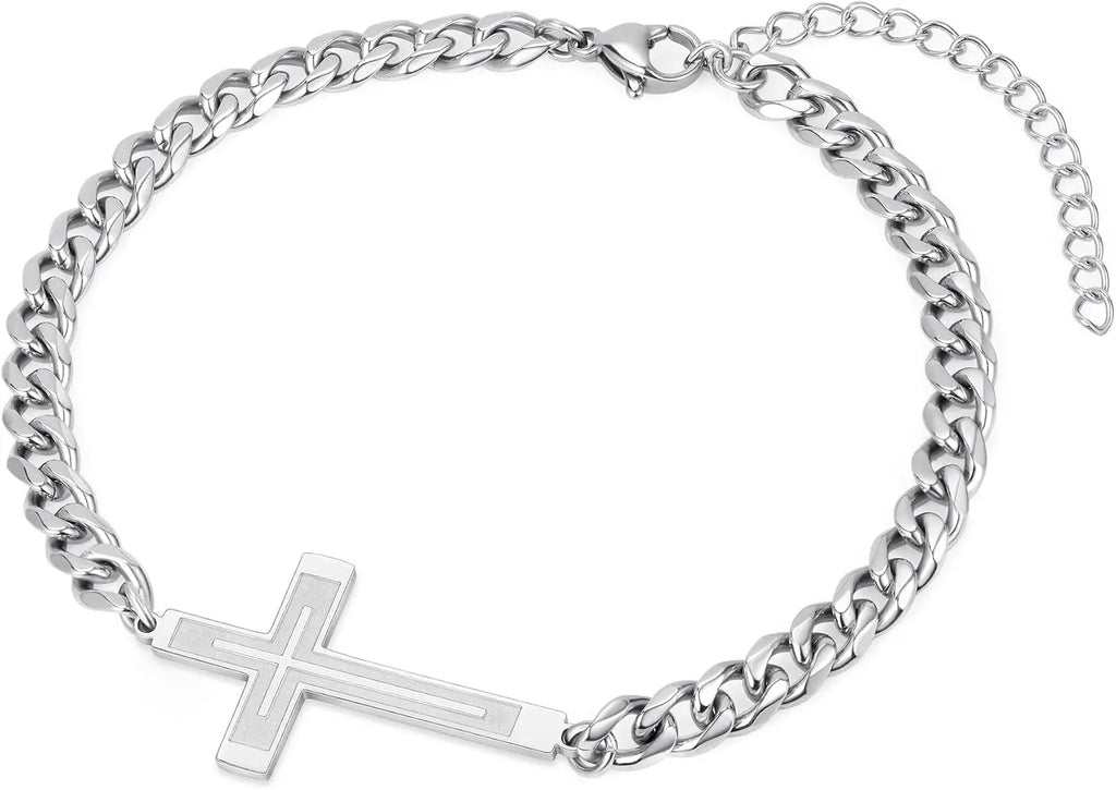 Cross Bracelet for Men - Stainless Steel Adjustable 5MM Cuban/Figaro Link Chain Cross Bracelet Non Tarnish 7+2 Inches, Christian Religious Jesus Confirmation Jewelry Gifts for Men