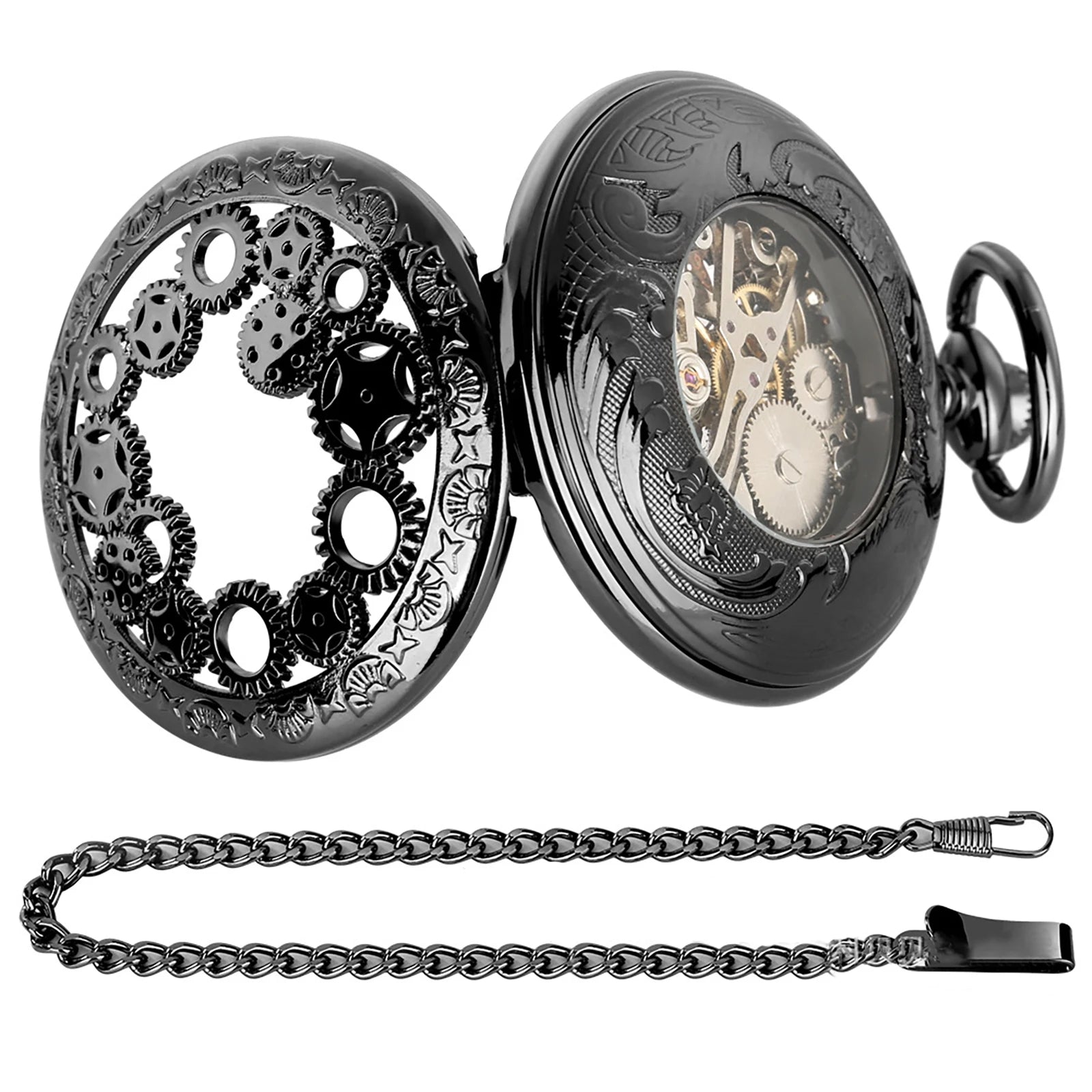 Mechanical Skeleton Pocket Watch with Roman Numerals, Classic Open Face Silver Fob Watch for Men Women