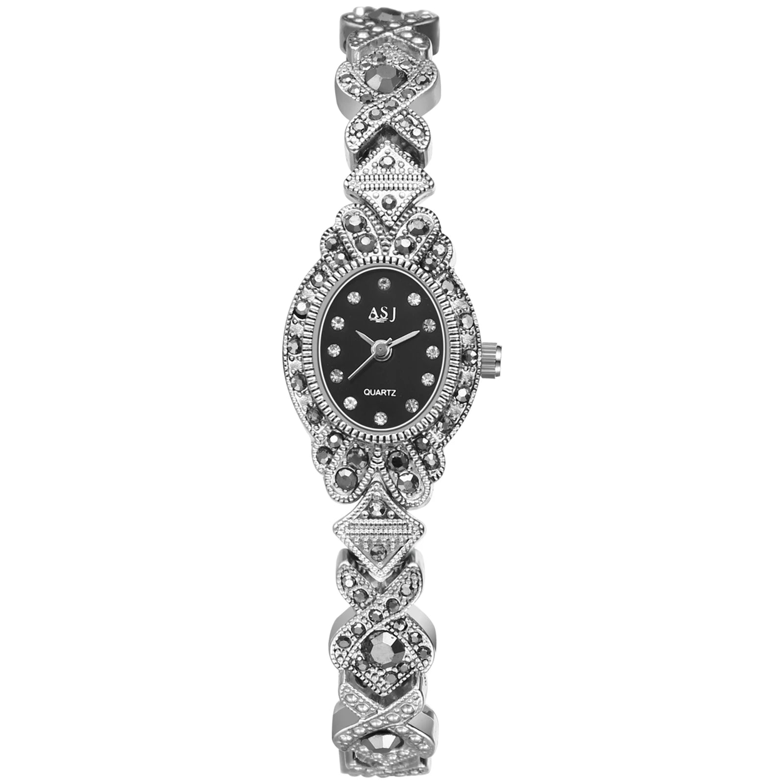 LANCARDO Women's Diamond Bracelet Watch Black Shiny Diamond Vintage Floral Dial Quartz Silver Black Women's Small Watch