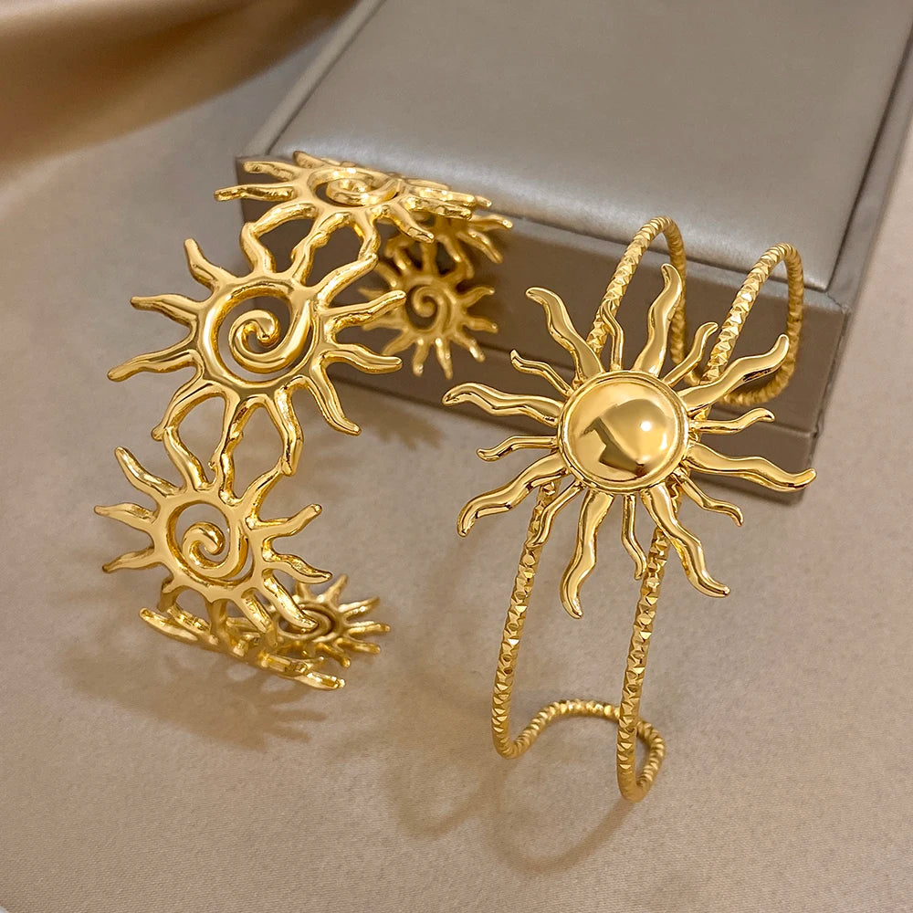 316L Stainless Steel Sunflower Open Cuff  Bangles Bracelet Y2K Gold Plated Waterproof Charms Jewelry Women's Men Gifts