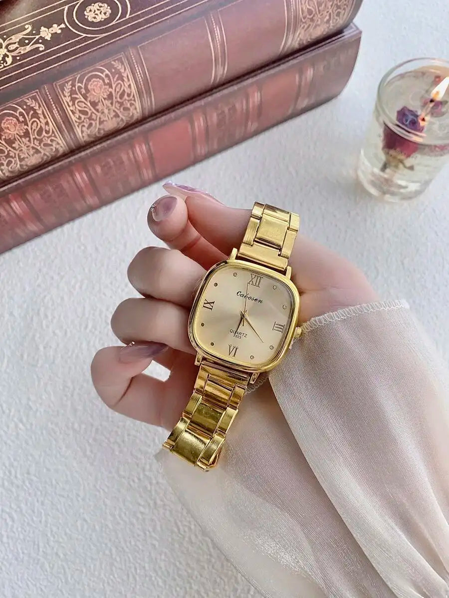 1pc Minimalist Gold Square Face Quartz Women Watch, Suitable For Daily Decoration