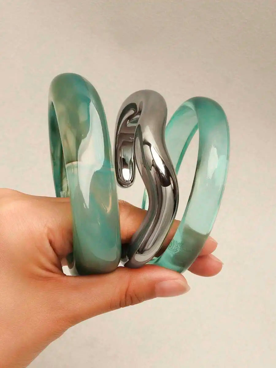 3pcs Retro Artistic Tie Dye Resin Geometric Round Bangle Bracelets For Women
