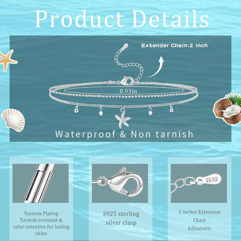 Sterling Silver Ankle Bracelets for Women 14k Gold Plated Waterproof Dainty Layered Stackable Seashell Pearl Charm Non Tarnish Adjustable Anklet for Summer Beach Jewelry Gift
