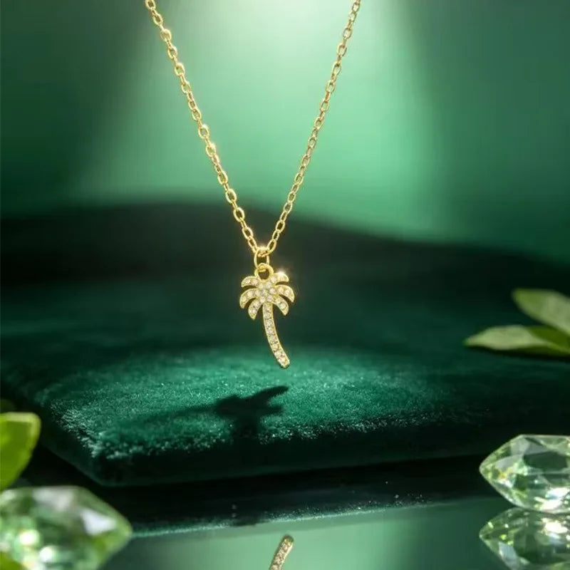 1Pc resort style 18K gold coconut tree inlaid with zircon palm tree necklace pendant, summer atmosphere versatile titanium steel collarbone chain, unisex