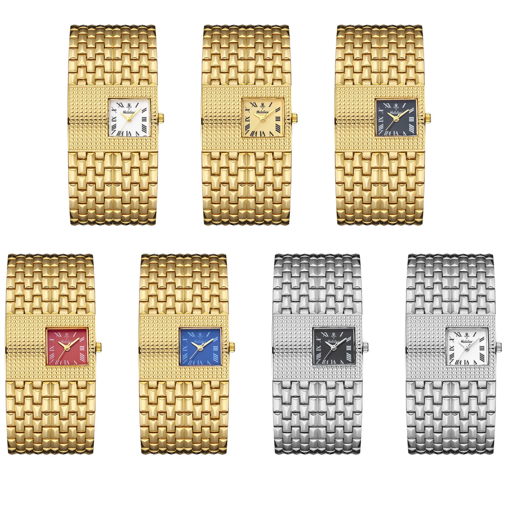 YaLaLuSi Full Rhinestone Square Ladies Watch Silver Metal Strap Gold Roman Dial Luxury Women Quartz Dress Watch