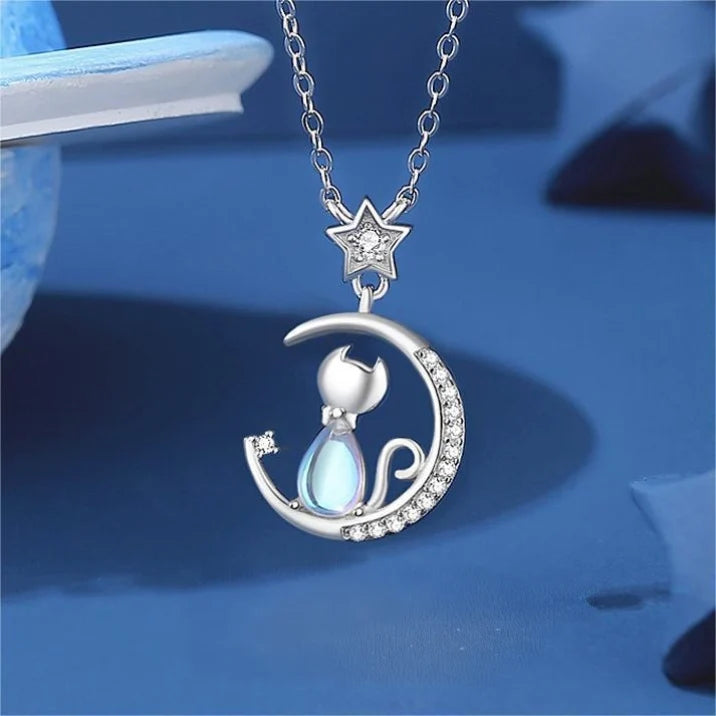 European Sparkling S925 Sterling silver Pave AAA CZ Cat Moon Pendant Necklace Clavicular Chain For Women Birthday Gift Jewelry