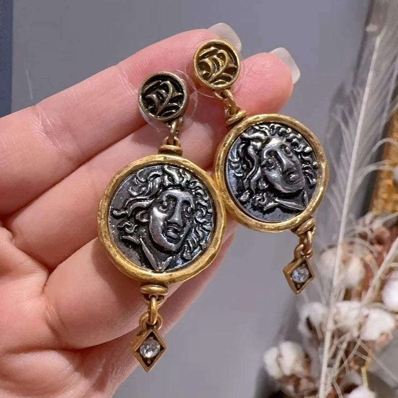 Vintage Gold Color Crystal Drop Dangle Earrings For Woman Carving Cameo Head Coin Antique Jewelry Luxury Designer Retro Accessories 2026