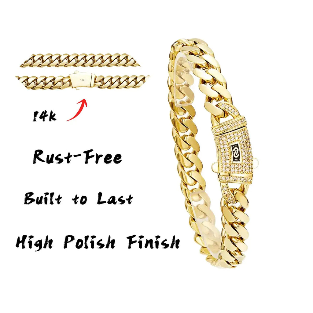 14K Gold Plated Miami Cuban Link Chain Bracelet The New Gold-Plated Craftsmanship Waterproof Fade-Resistant Non-Allergenic Hypoallergenic Material Thickened Link Chain Hip-Hop Jewelry for Men Women Valtentine's Day Gift