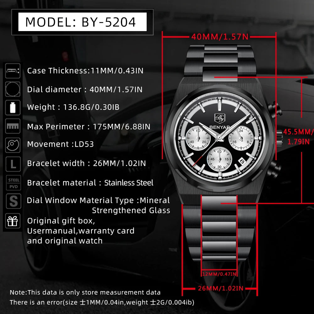 2026 New BENYAR Men's Watches Top Brand Luxury Speed Sports Chronograph Quartz Watch For Men Luminous Waterproof Stainless Steel Man Gift Clock