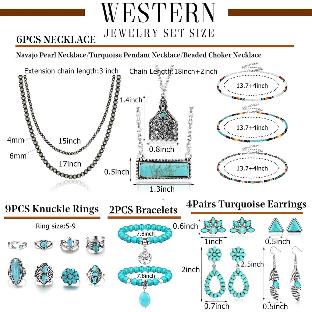 Turquoise Jewelry for Women Bohemian Western Jewelry Set Navajo Pearl Necklace Beaded Choker Necklace Turquoise Earrings Bracelet Vintage Knuckle Rings Boho Western Jewelry for Women