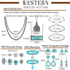Turquoise Jewelry for Women Bohemian Western Jewelry Set Navajo Pearl Necklace Beaded Choker Necklace Turquoise Earrings Bracelet Vintage Knuckle Rings Boho Western Jewelry for Women