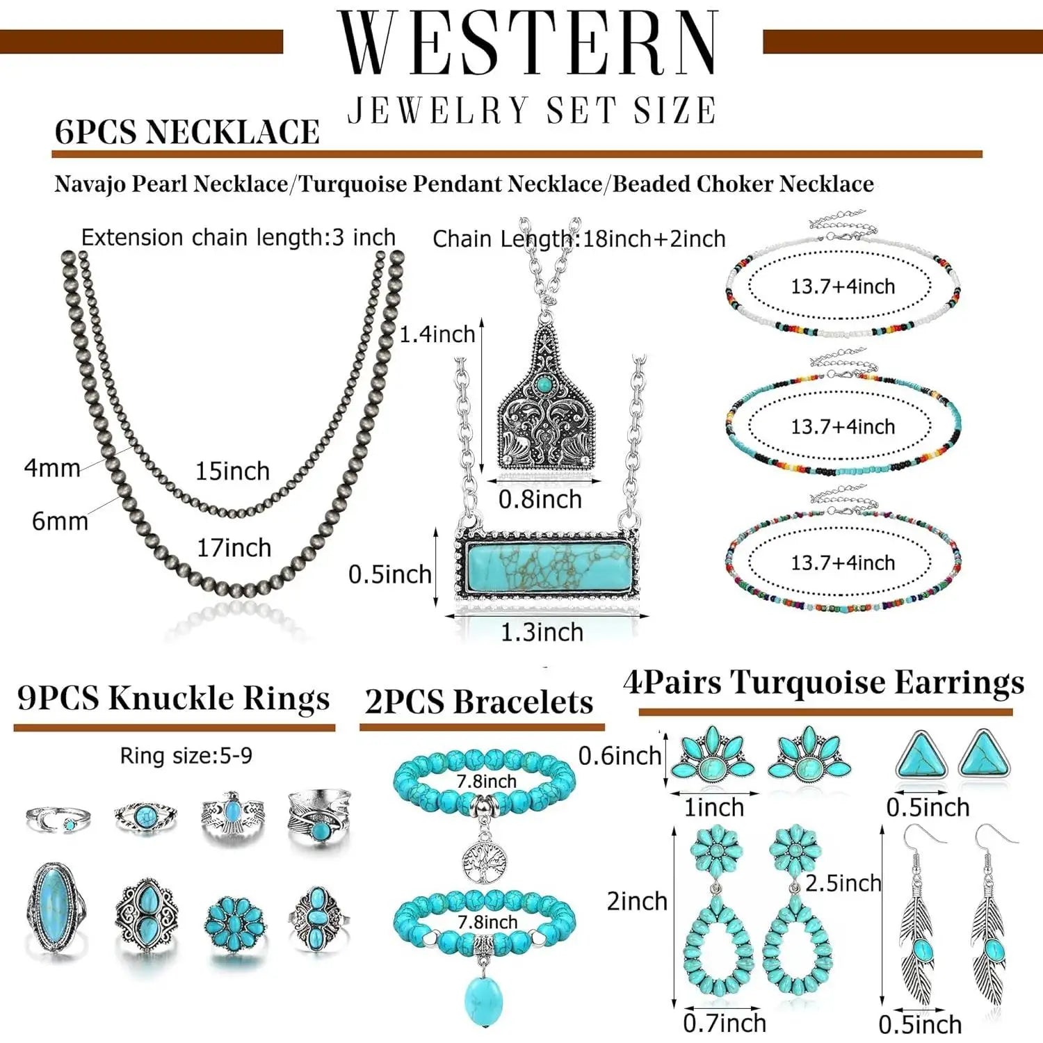 Turquoise Jewelry for Women Bohemian Western Jewelry Set Navajo Pearl Necklace Beaded Choker Necklace Turquoise Earrings Bracelet Vintage Knuckle Rings Boho Western Jewelry for Women