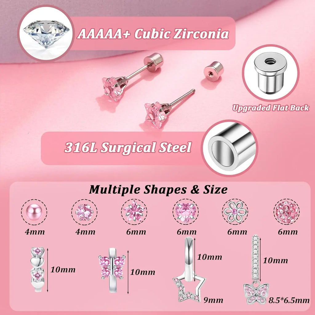 10Pairs Earrings for Women Girls Silver Stud Hoop Earrings Set Cute Surgical Steel Hypoallergenic Earrings Pink Heart Butterfly Flower Pearl Screw Back Earrings for Women Sleeper Earrings