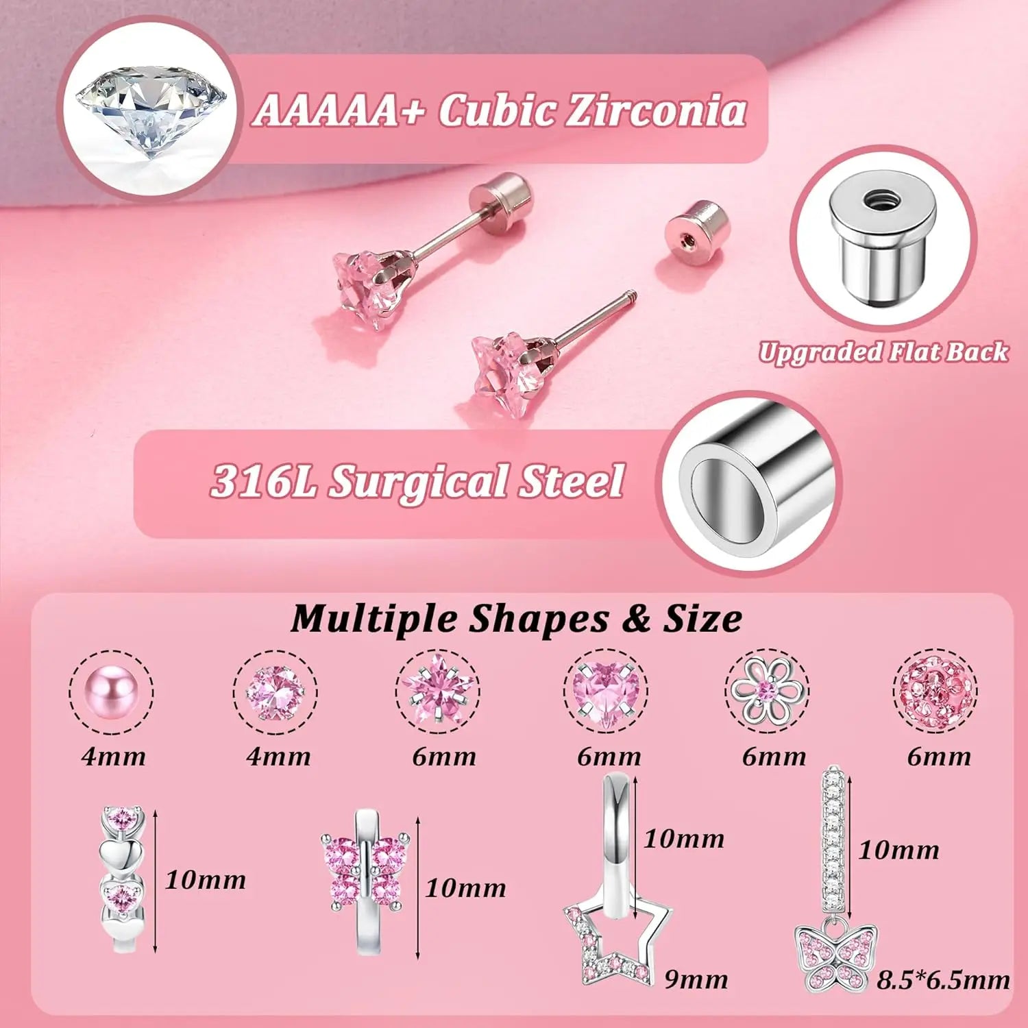 10Pairs Earrings for Women Girls Silver Stud Hoop Earrings Set Cute Surgical Steel Hypoallergenic Earrings Pink Heart Butterfly Flower Pearl Screw Back Earrings for Women Sleeper Earrings