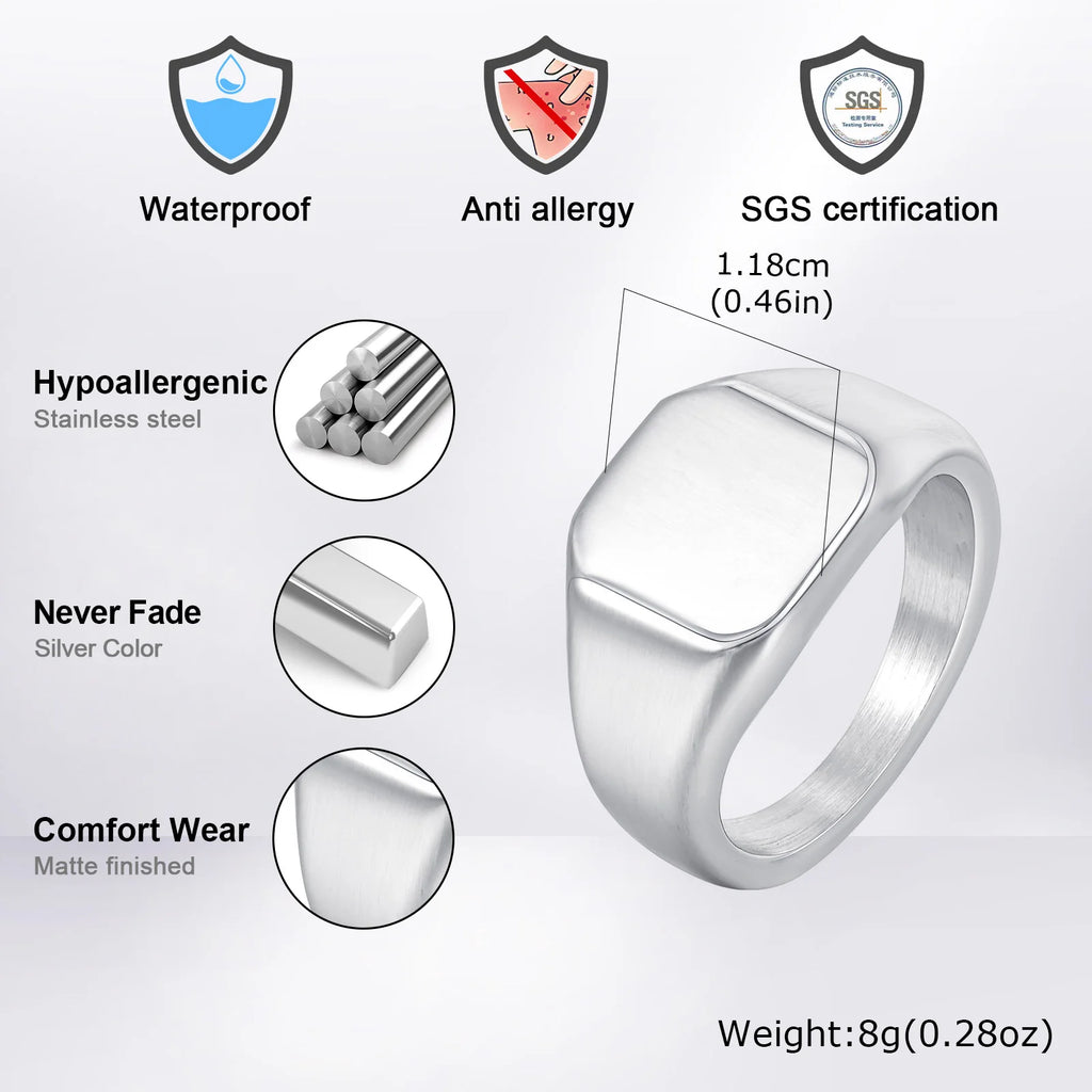 Vnox Brushed Square Signet Ring, Stainless Steel 11.8mm Wide Band for Men, Size 7-12 Chunky Finger Ring Anniversary Gift for Him