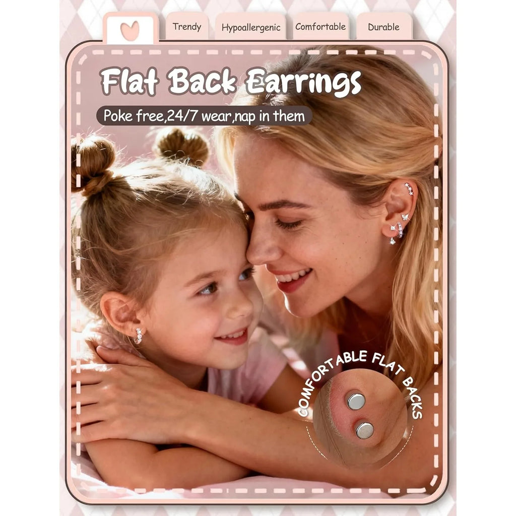 14 Pairs Hypoallergenic Flat Back Earrings for Women-Surgical Stainless Steel Earrings for Sensitive Ears-Cute Flatback Stud Earring Set Small Hoops Cartilage Earring Stacks