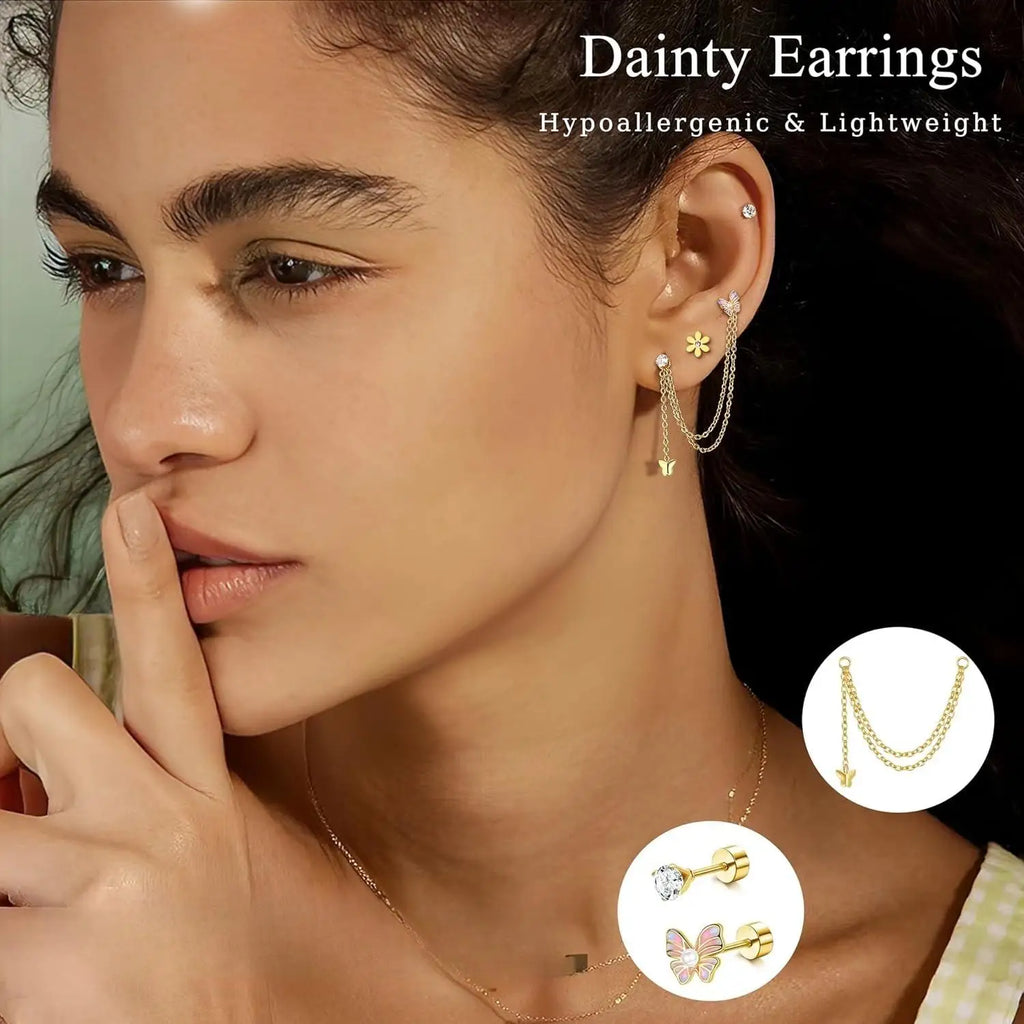 24Pcs 316L Surgical Steel Flat Back Earrings for Women Men Dangle Chain Stackable Cartilage Stud Helix Piercing Dainty Jewelry
