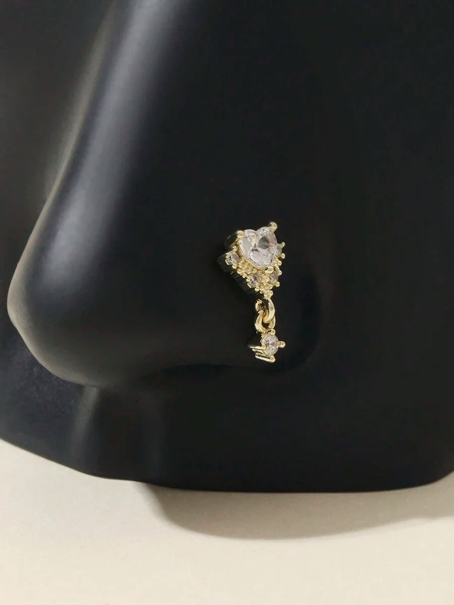 Rose Gold Tone Heart Crystal Nose Cuff For Women, Non-Piercing Rhinestone Jewelry Accessory For Valentine’s Day