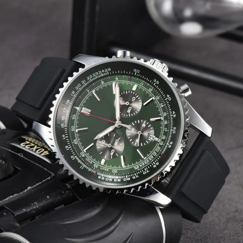 Men Quartz Chronograph Watch Silver Alloy Case Tachymeter Scale Bezel Date Display Soft Silicone Rubber Strap Sports Male Wrist Watch