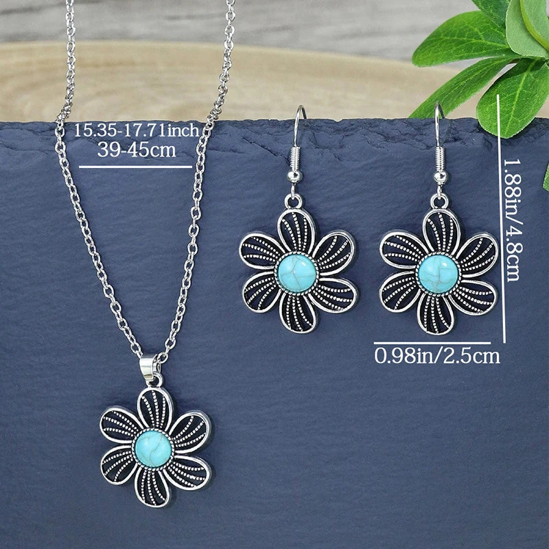 Vintage Bohemian Hollow Round Geometric Necklace Earrings Set for Women Indian Jewelry Ethnic Bule Beads Pendant Jewelry Sets mbzr
