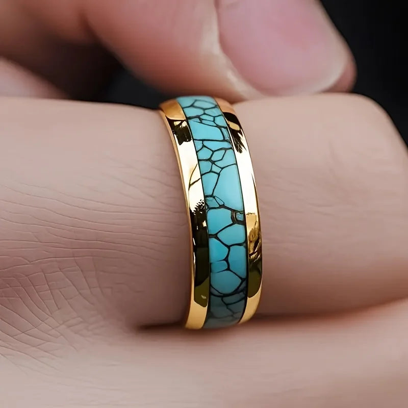 Fashion men's and women's titanium steel gold-plated imitation turquoise inlaid wedding ring, using 316L stainless steel single ring design, Christmas, Valentine's Day, Father's Day and Mother's Day gifts