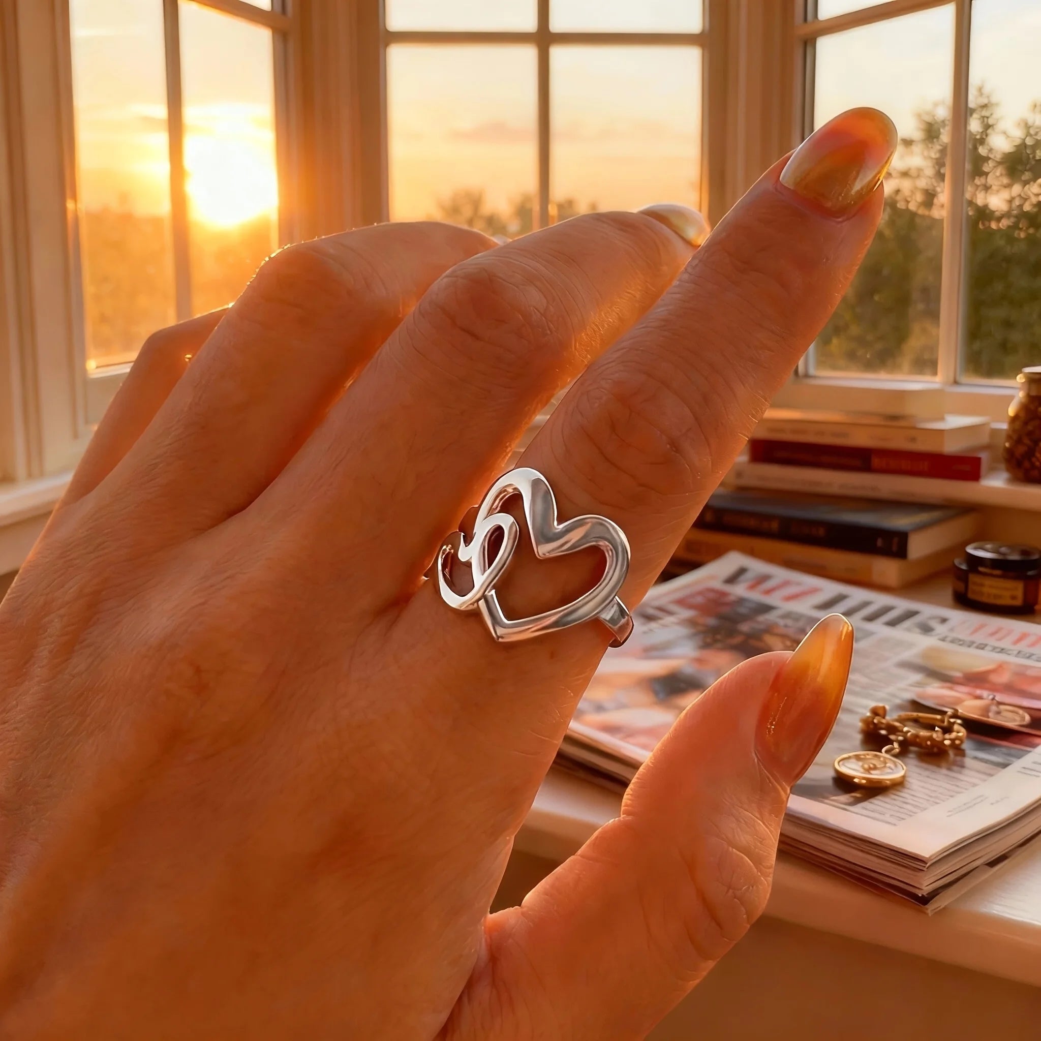 One heart stainless steel ring, double love ring, simple, elegant, temperament, personalized ring, women's gift 304 stainless steel ring, adjustable opening, versatile jewelry, wear on holidays, festivals, parties