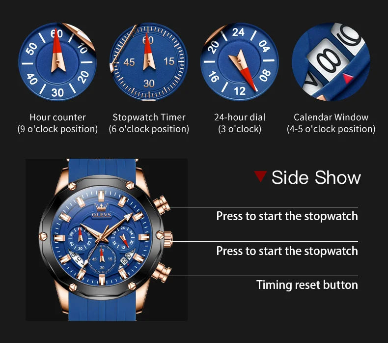 OLEVS 9991 Top Trendy Men's Watch Waterproof Silicone Strap Luxury Multifunctional Chronograph Brand Sports Quartz Men's Watch mbzr
