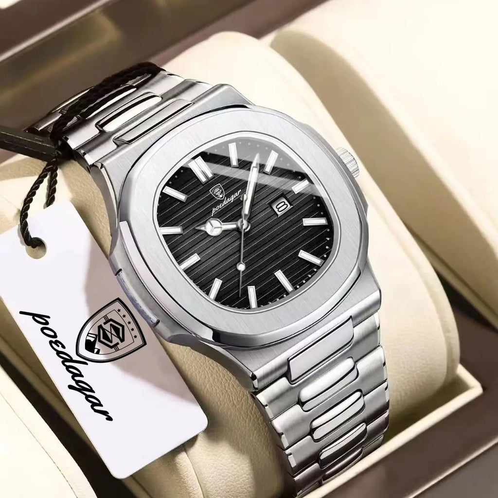 POEDAGAR Square Luxury Men Wristwatch Waterproof Luminous Date High Quality Stainless Steel Male Clock Business Sports Quartz Watches For Men Reloj Hombre mbzr