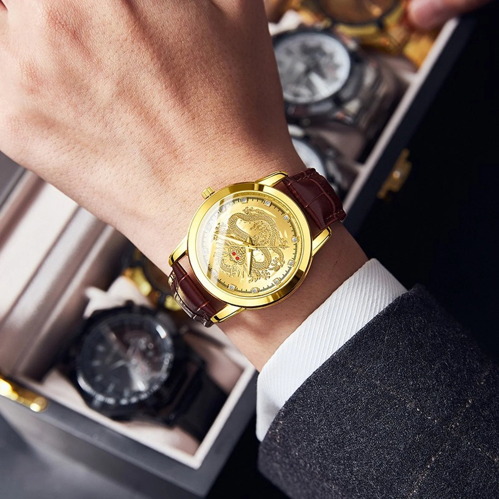 Mens Business Fashion Watch Leather Strap Chronograph Function Luxury Dress Watch Stainless Steel Case Watch