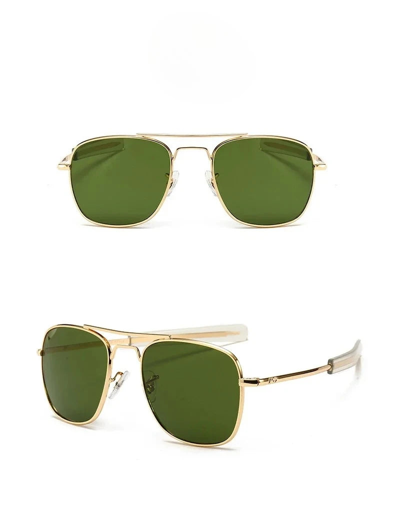 American Army Style Pilot Sunglasses Male, Retro Gold Frame Dark Green Tint Lens Lightweight Metal Eyewear, Luxury Designer Aviation Shades for Daily Commute Road Trip mbzr