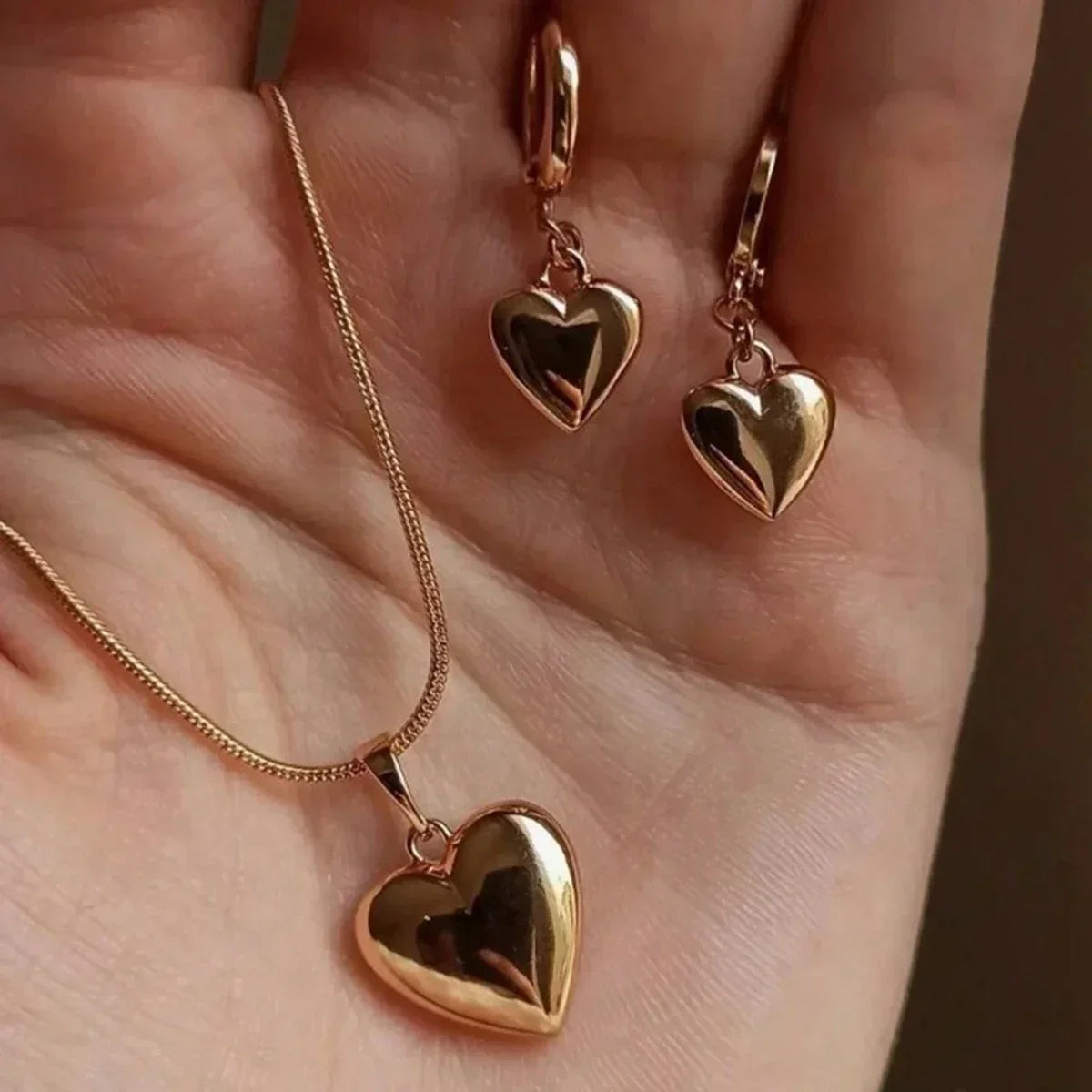 Minimalist Puffy Heart Jewelry Set, Rose Gold Snake Chain Necklace & Heart Drop Earrings, Elegant Daily Wear Jewelry
