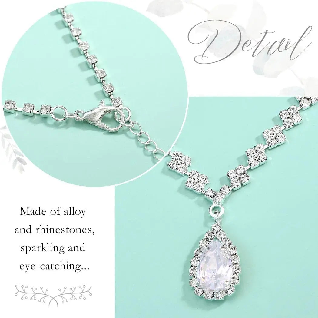 JAKAWIN Silver Rhinestone Jewelry Set Wedding Necklace Earrings for Women