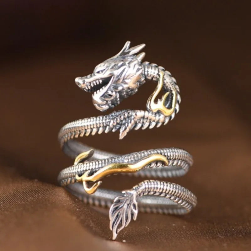 Sterling Silver Dragon Wrap Open Ring for Men & Women