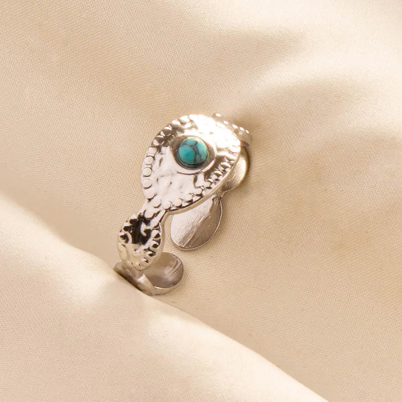 1pc Stainless Steel Boho Turquoise Open Finger Rings Trendy Adjustable Women Multi Layers Stackable