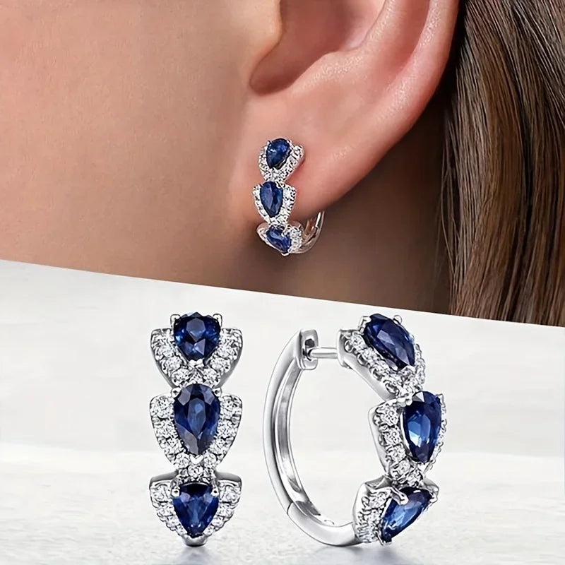 1 Set Glimmering Blue Crystal Round Earrings - Elegant Simple, Unique Design, Banquet Party Style - Ladies' Present Jewelry