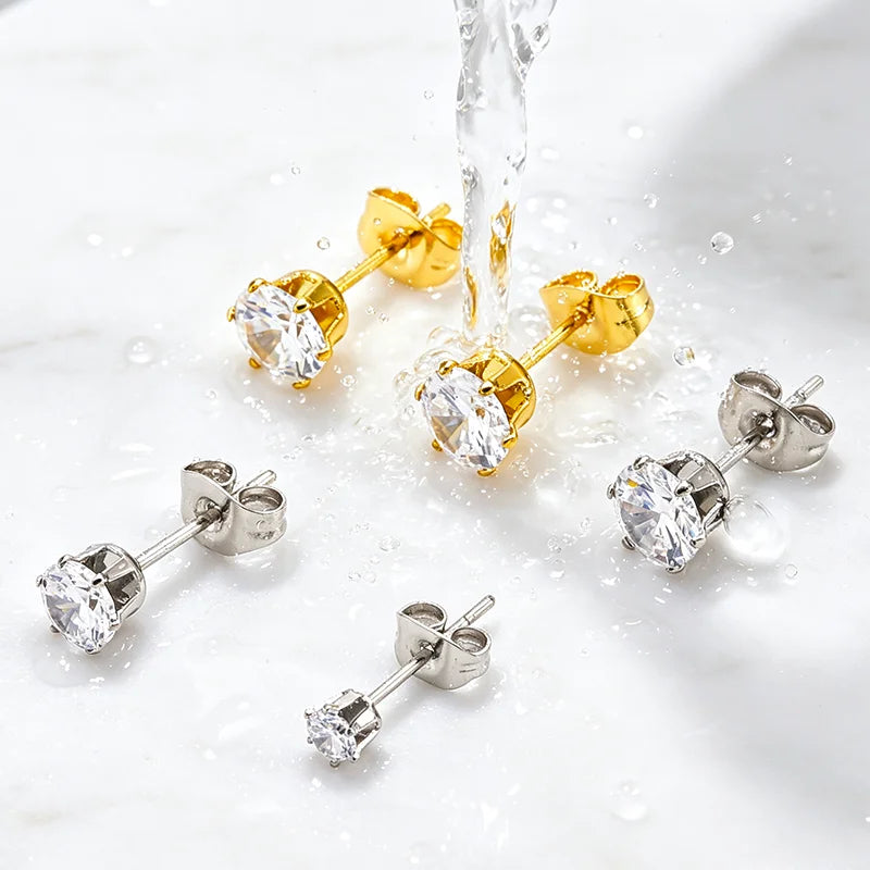 6pairs/set  Mixed Size 3‑8MM Cubic Zirconia Stud Earrings Set 316L Stainless Steel Hypoallergenic Waterproof Earring Gift for Sensitive Ears