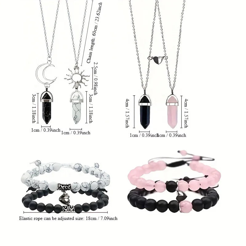 8-Piece Set: Natural White Turquoise Matte Couple's Heart Necklace, Bracelet, and Sun & Moon Set