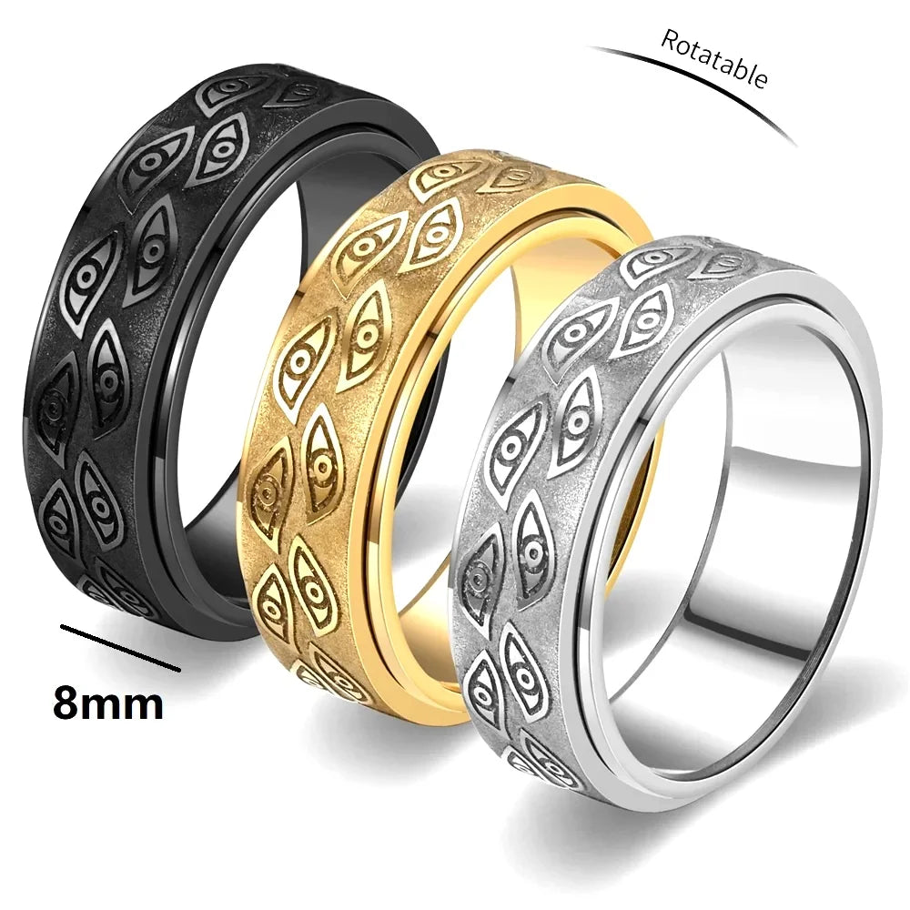 Anti Stress Stainless Steel Spinner Rings For Men Carved Demon Eye Rotatable Fidget Anxiety Joint Ring Jewelry Bague Homme