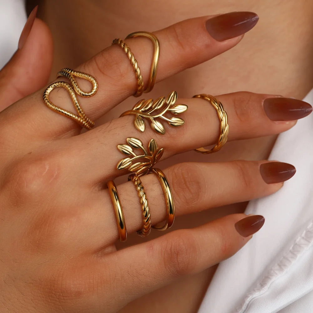 5-Piece Stainless Steel Leaf-Shaped Geometric Openwork Ring Set For Women Minimalist, Sophisticated Adjustable