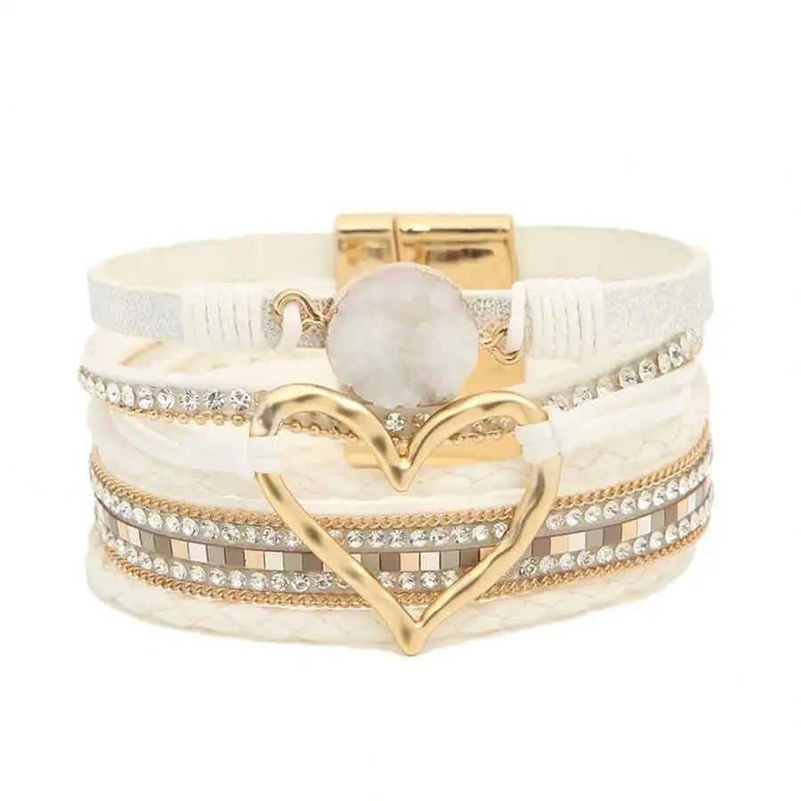 Layered PU Leather Heart Charm Wrap Bracelet With Magnetic Closure For Women, Boho Style, All Season Accessory mbzr